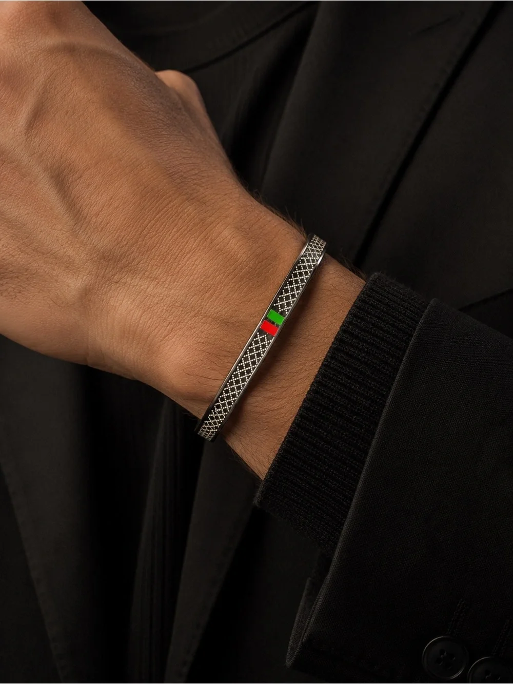 Luxury Silver Bangle Bracelet with Red and Green Accents